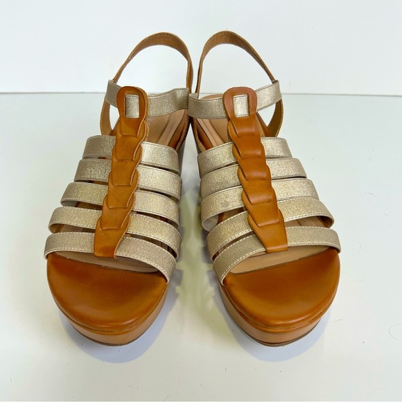 EASY SPIRIT Caramel brown and gold AVINNA platform wedge sandals‎ size 7 - Picture 1 of 8